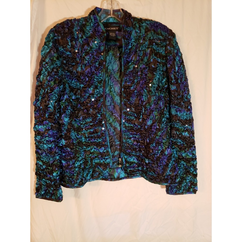 Women's Cachet Blue Sequined Zip Up Cropped Jacket Size Petite M